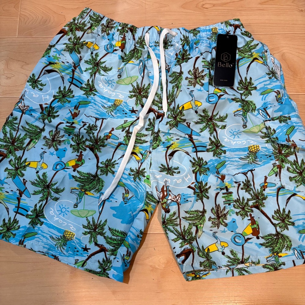 Bello  Mens Swim Trunks XL Blue‎ Tropical Aloha Palm Tree Surfing Shorts